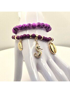 Purple Beaded Stretch Bracelet Set With Gold Shell Seahorse & Cowrie Charms